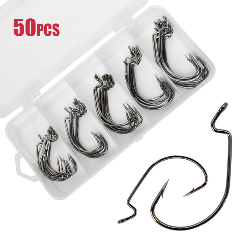 Fishing Hook Offset - 50 個ワイドワームフック炭素鋼オフセット釣り針低音有刺鉄線鯉釣りフック釣りアクセサリー漁具釣具