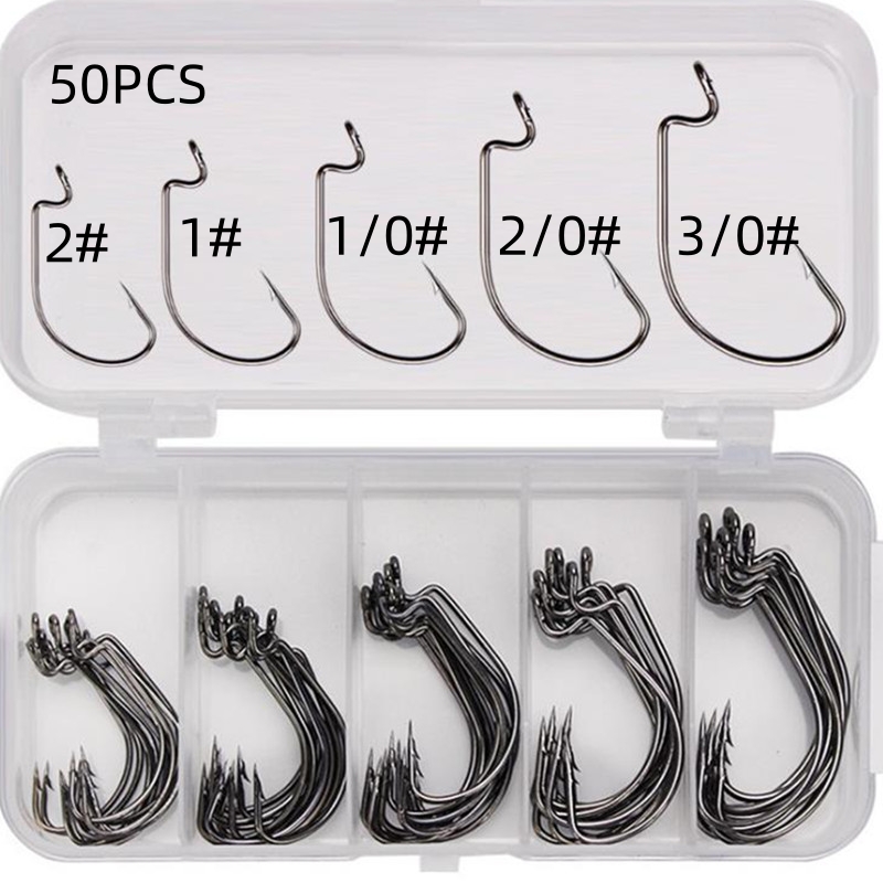 Fishing Hook Offset - 50個入り/箱 高炭素鋼製釣り針 オフセットワイドギャップバーブ付きジグフック ソフトワーム海釣り用