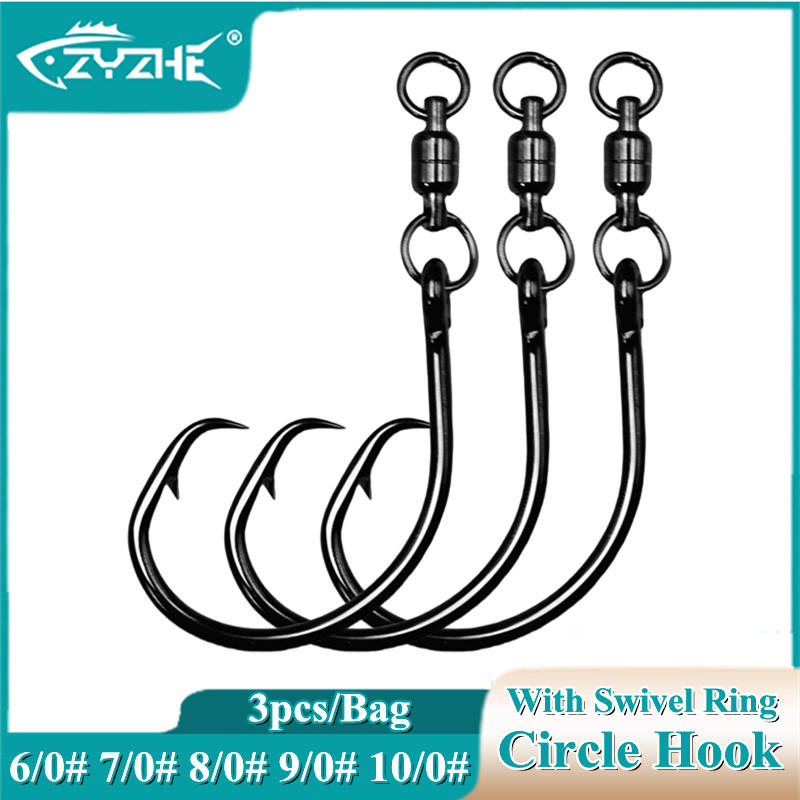 Fishing Hook Barbless - ZYZHE 3/6/9個入りサークルフック スイベルリング付き 6/0 # 7/0